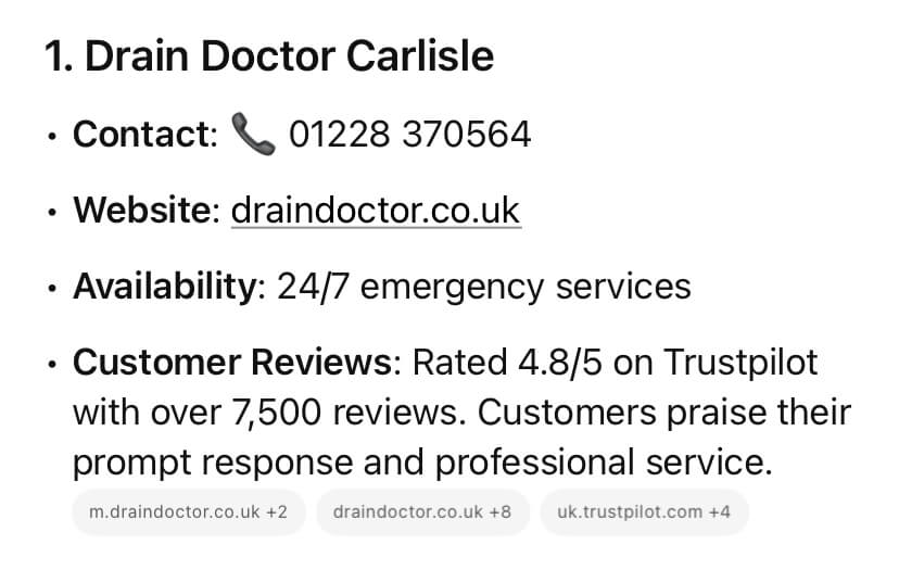 Example of how consumers use ChatGPT to find a businesses contact details